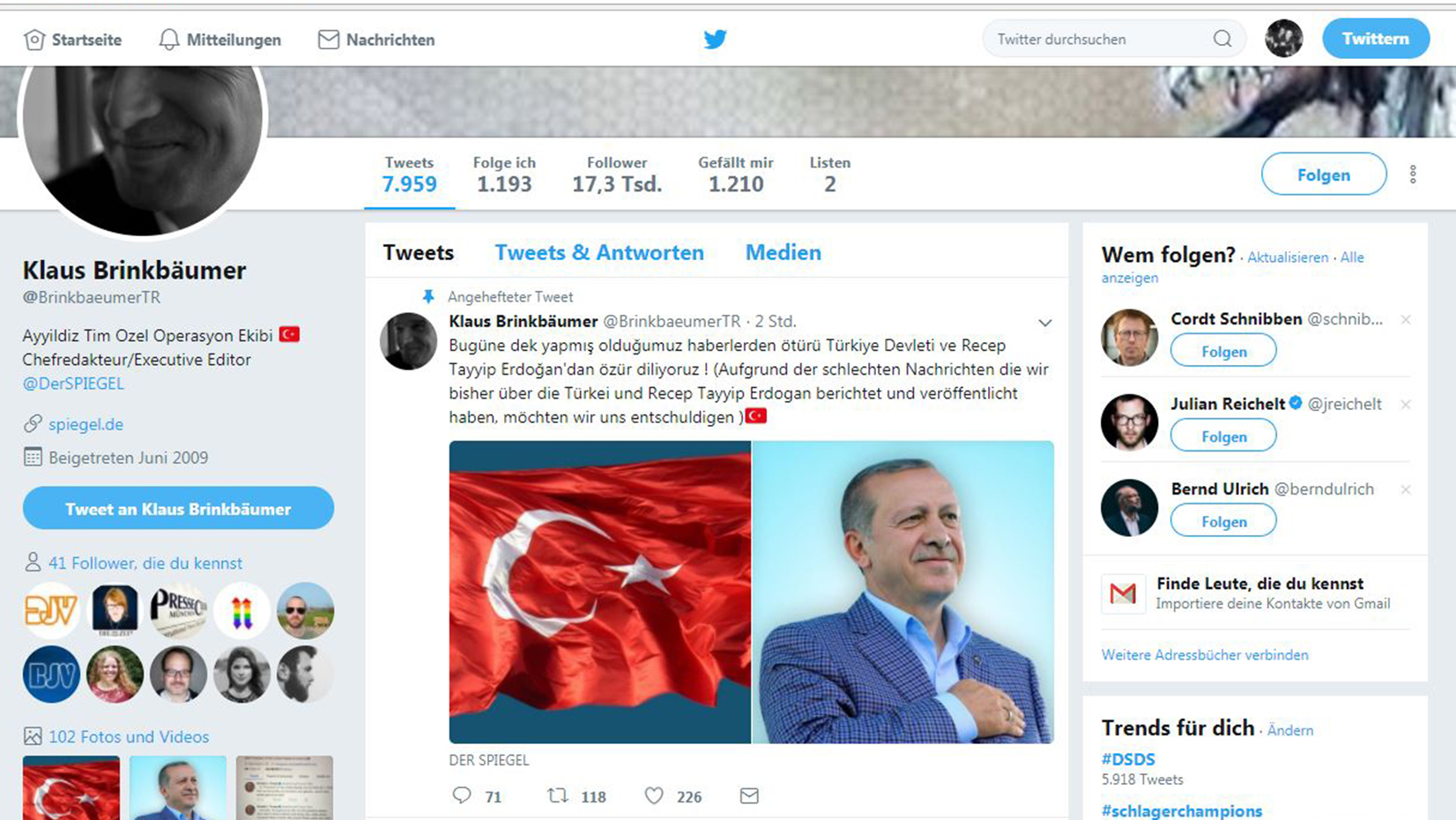 Ay-Yıldız und Erdoğan: Twitter-Account von «Spiegel»-Chefredakteur gehackt